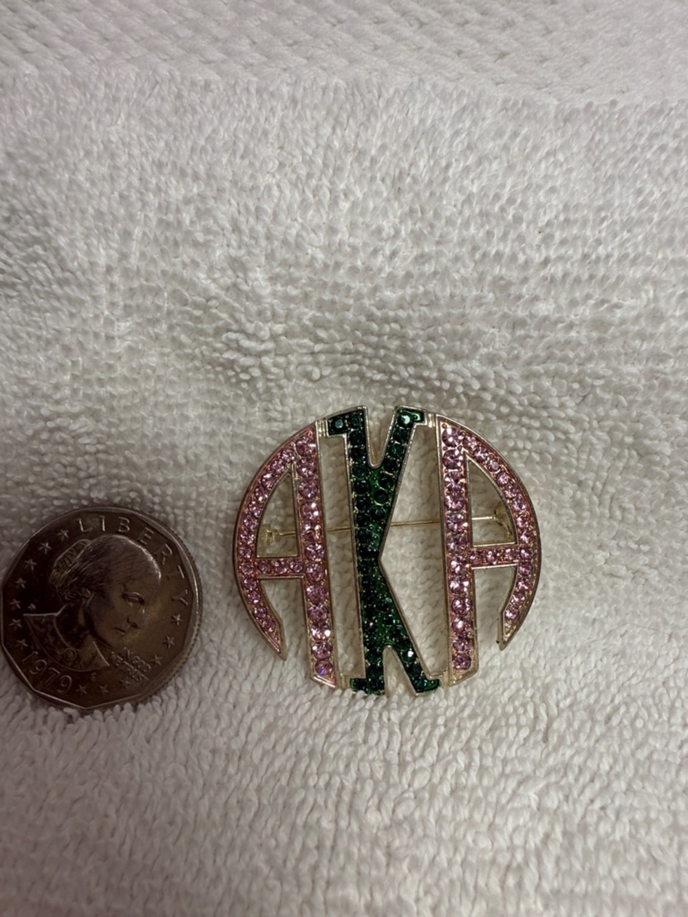 Alpha Kappa Alpha Gold-Tone Pink & Green Crystal Monogram Brooch